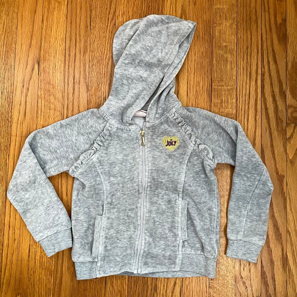 Little girls Juicy couture ruffle zip up heather gray velour sweater size 4t